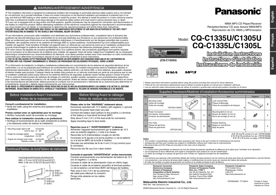 Panasonic Model CQ-C1335U/C1305U, CQ-C1335L/C1305L, Warning/Avertissement/Advertencia, English, Français, Español 