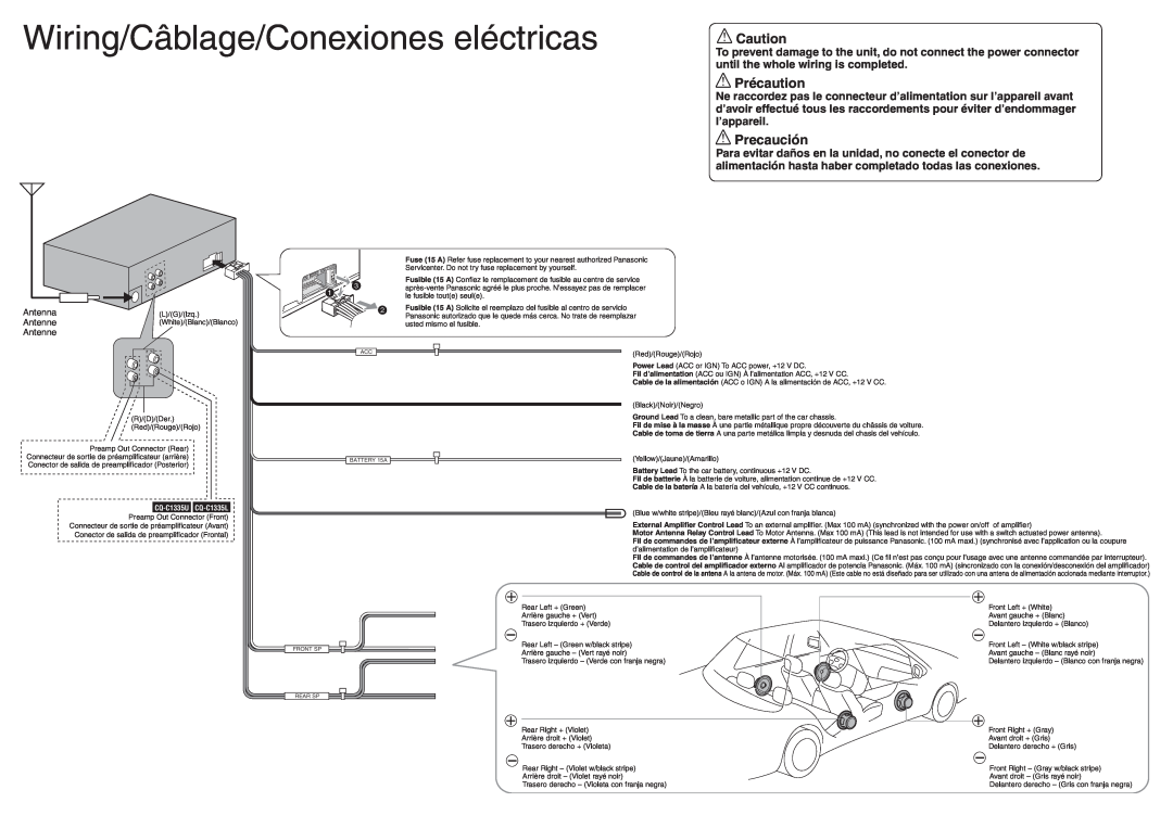 Panasonic C1335L, CQ-C1335U, C1305L, CQ-C1305U Wiring/Câblage/Conexiones eléctricas, Précaution, Precaución 