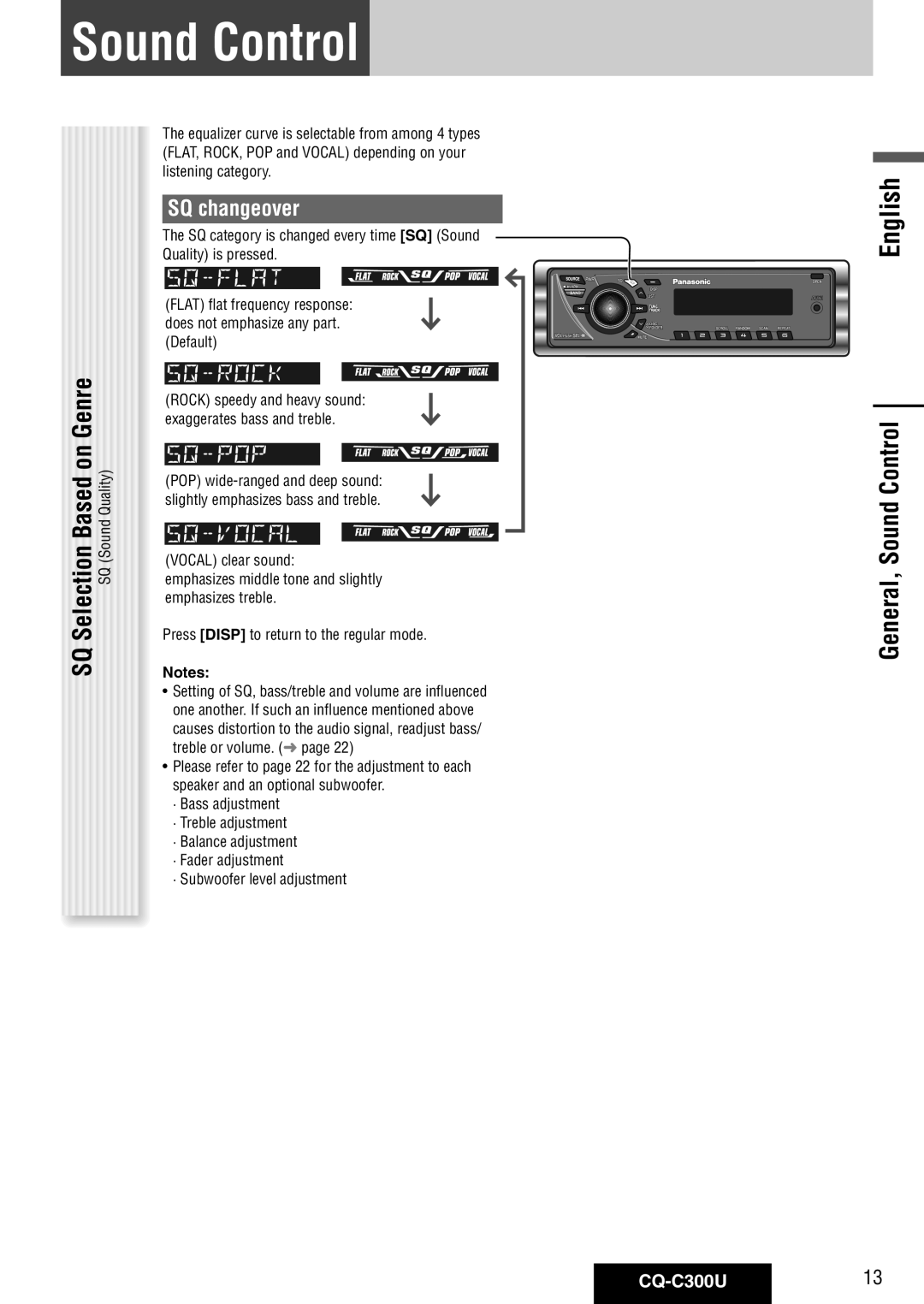 Panasonic warranty General, Sound Control, SQ changeover, CQ-C300U13, Rock speedy and heavy sound 