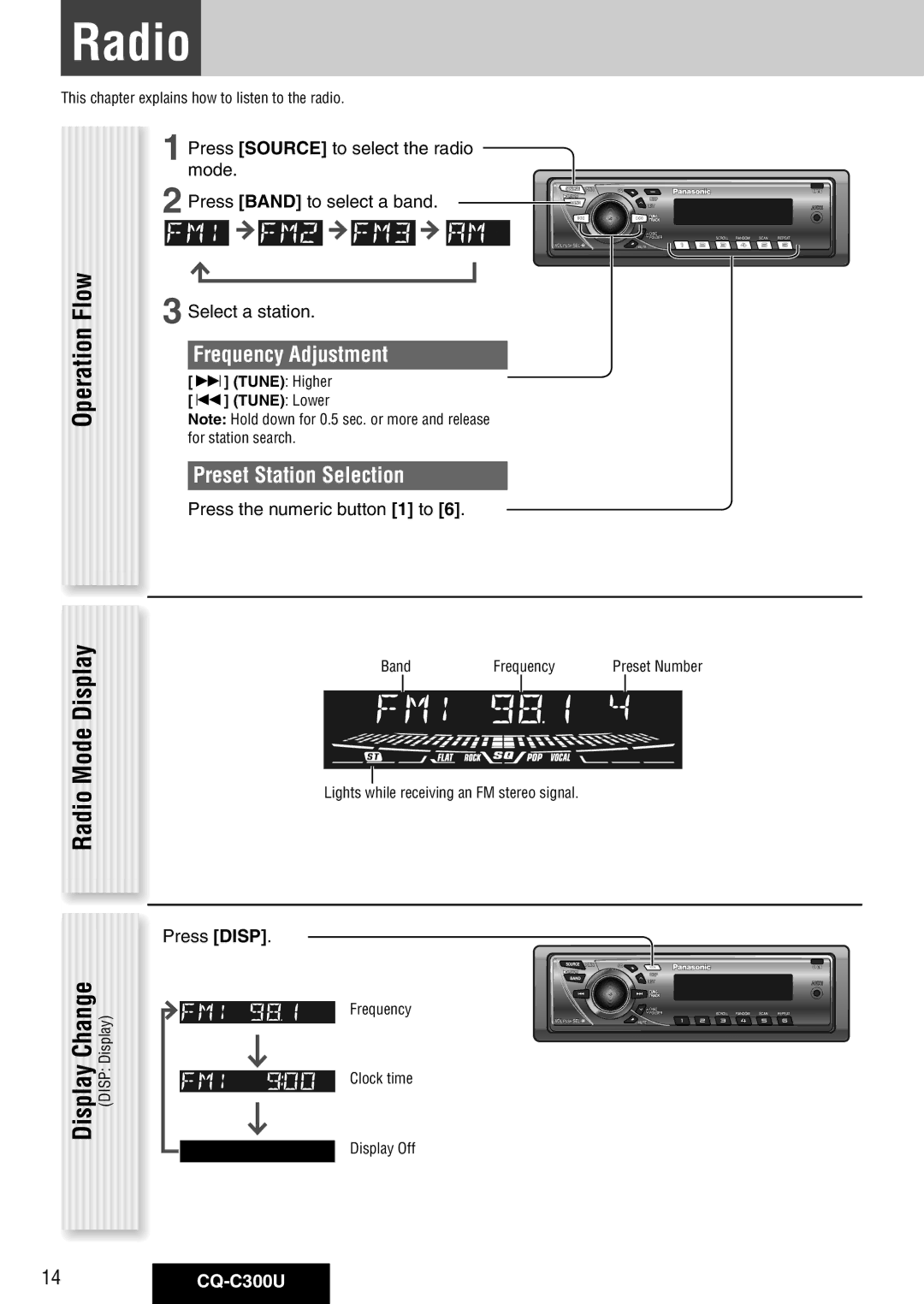 Panasonic warranty Radio, Flow, Frequency Adjustment, Preset Station Selection, 14CQ-C300U 