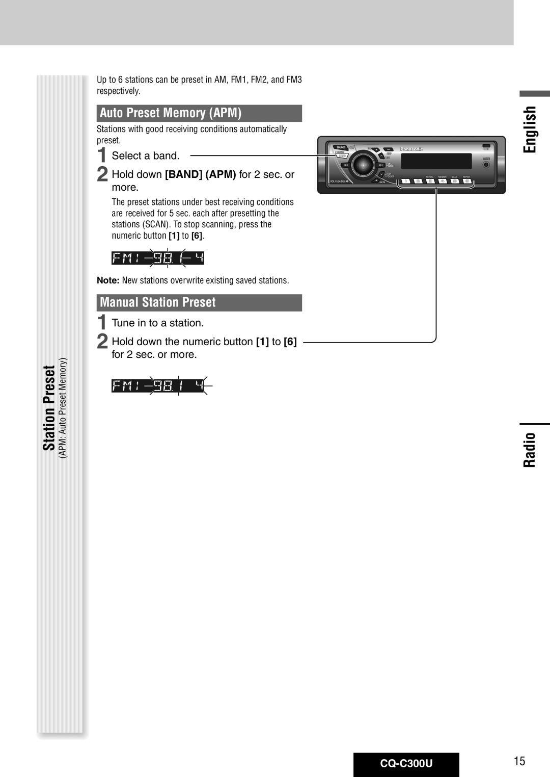 Panasonic warranty Radio, Auto Preset Memory APM, Manual Station Preset, CQ-C300U15 