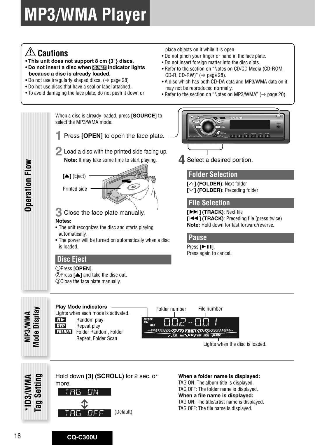 Panasonic CQ-C300U warranty MP3/WMA Player, Flow, Folder Selection, File Selection, Disc Eject 