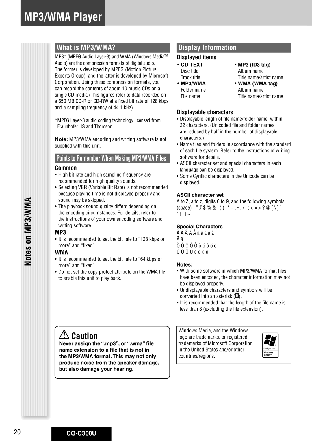 Panasonic warranty MP3/WMA Player, What is MP3/WMA?, Display Information, 20CQ-C300U 