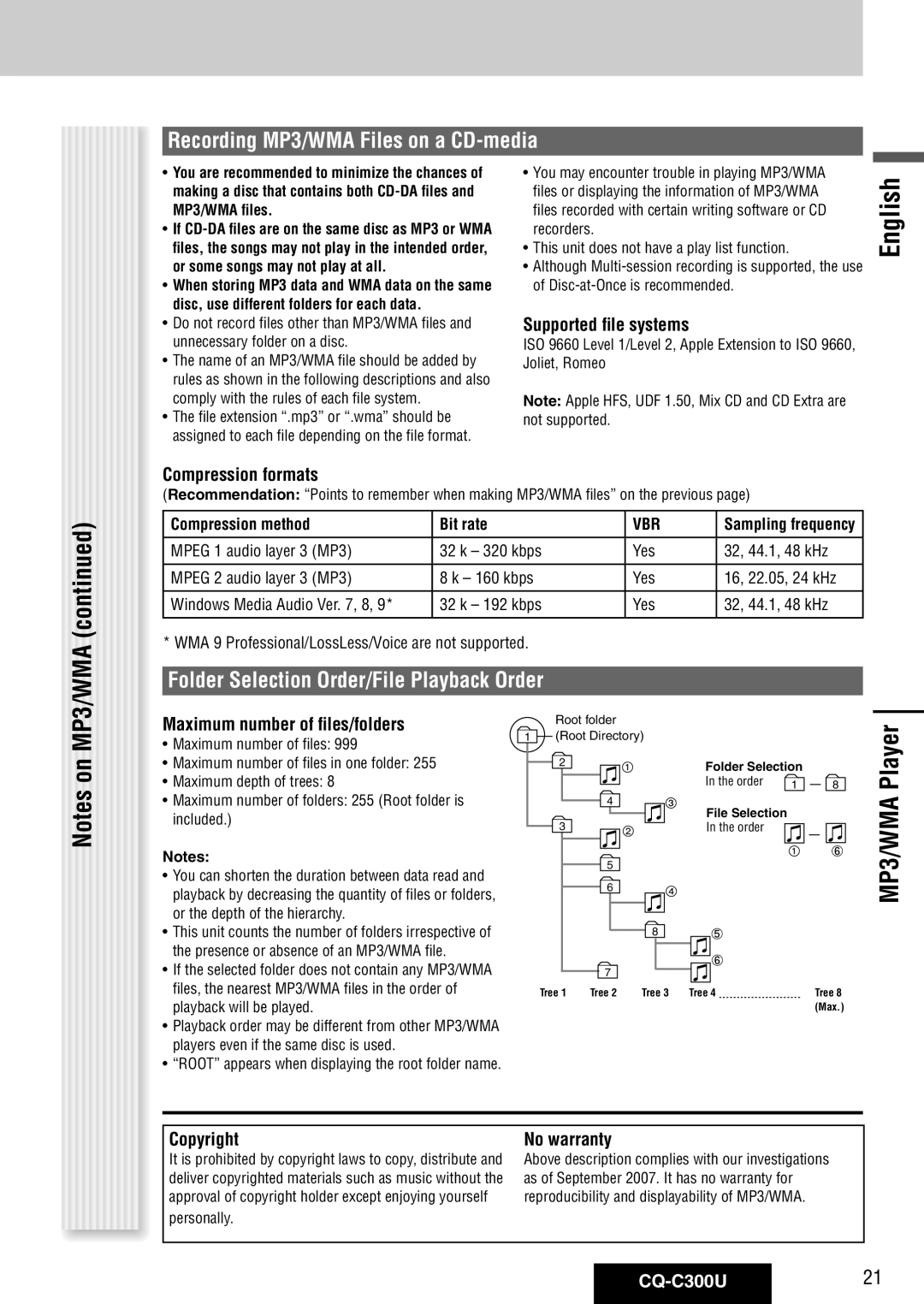 Panasonic warranty Recording MP3/WMA Files on a CD-media, Folder Selection Order/File Playback Order, CQ-C300U21 