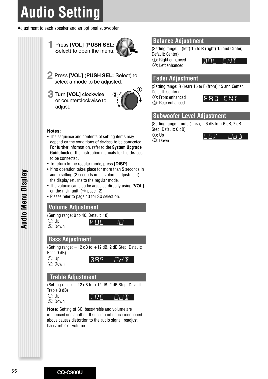 Panasonic CQ-C300U warranty Audio Setting, Menu 