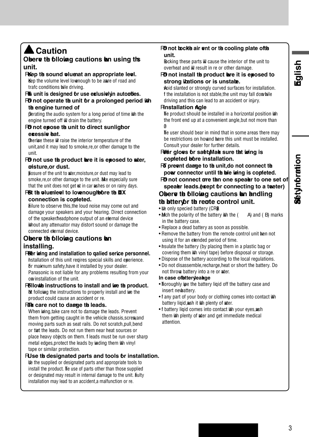 Panasonic warranty Safety Information, CQ-C300U 