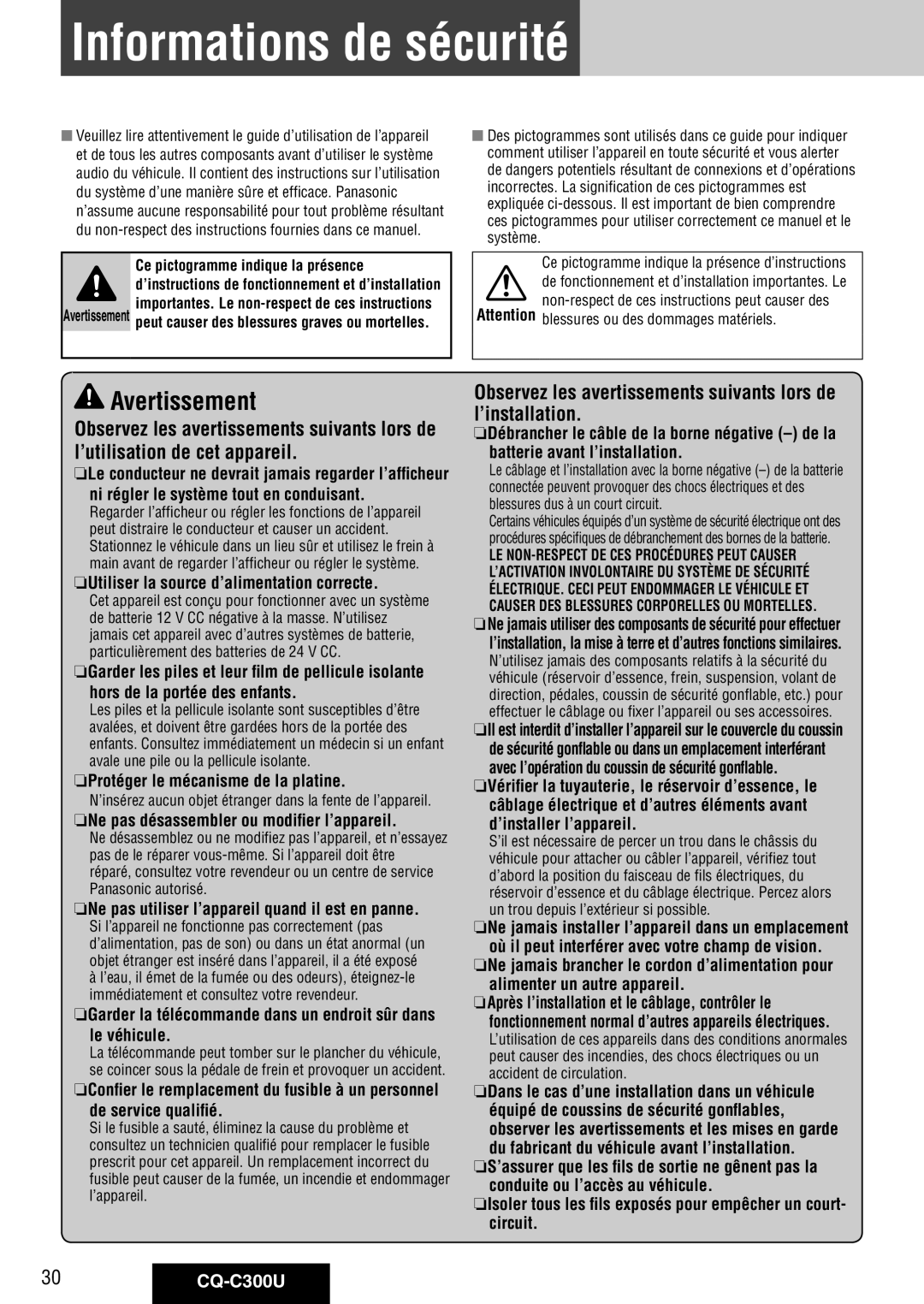 Panasonic warranty Informations de sécurité, Avertissement, 30CQ-C300U 