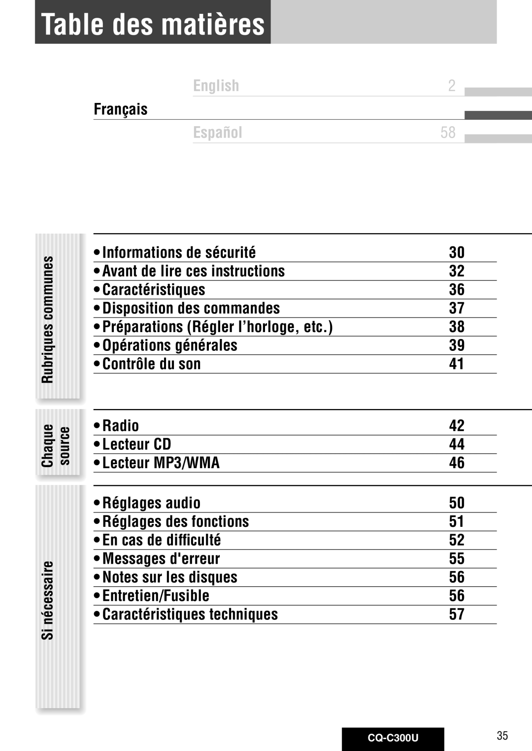 Panasonic warranty Table des matières, Communes, Préparations Régler l’horloge, etc, Chaque source, CQ-C300U35 