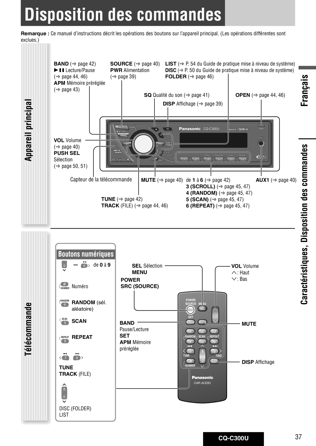 Panasonic CQ-C300U warranty Disposition des commandes, Appareil principal Télécommande, Des, Boutons numériques 