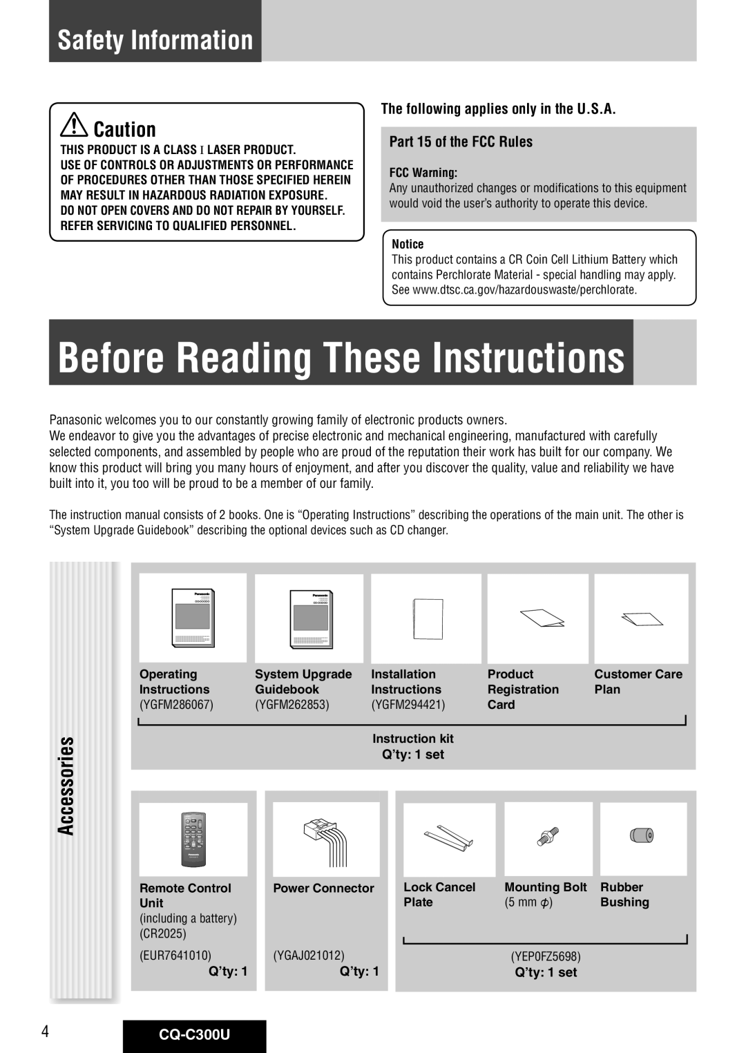 Panasonic CQ-C300U warranty Before Reading These Instructions, Safety Information, Accessories, ’ty ’ty 1 set 