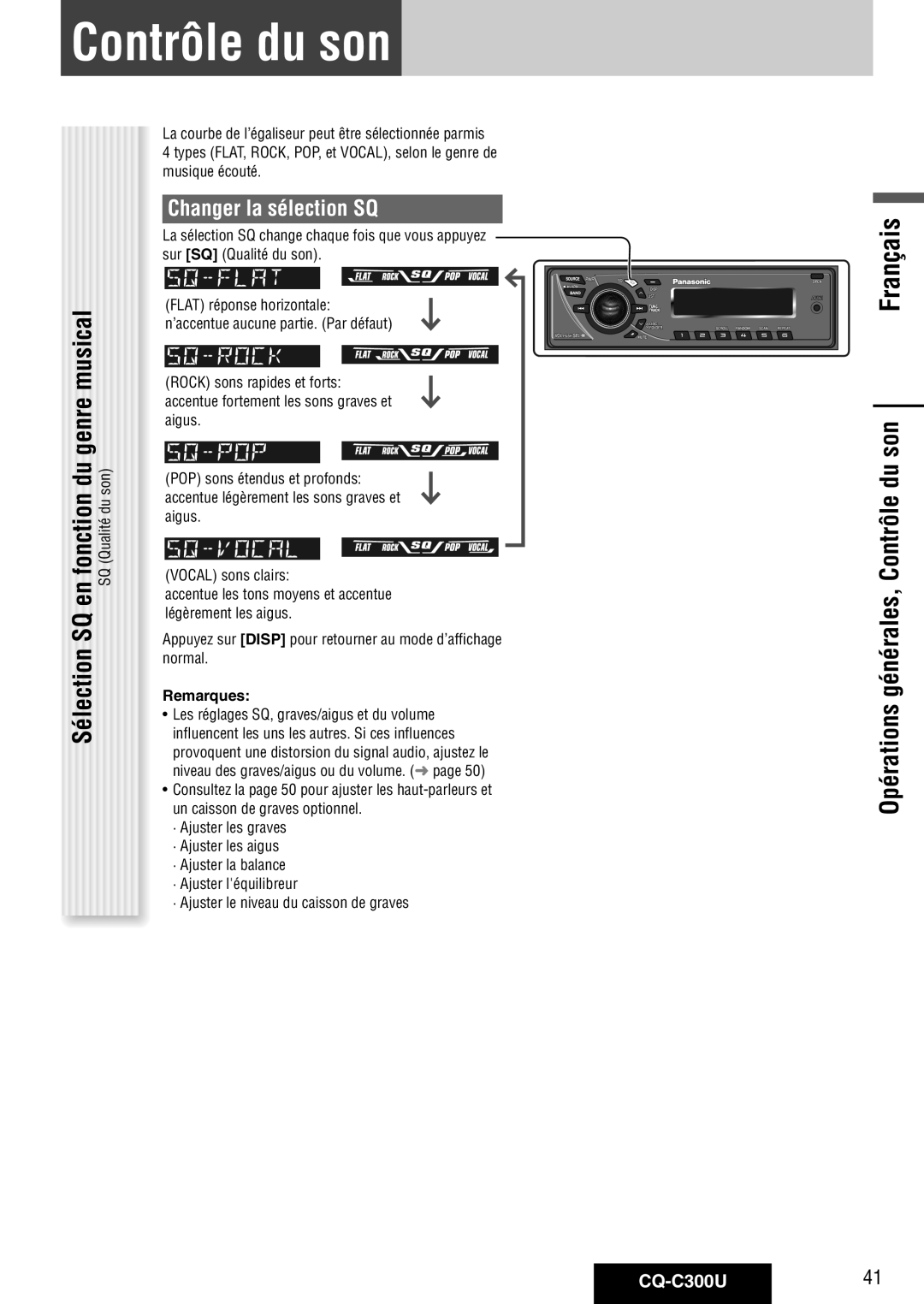 Panasonic warranty Genre, Opérations générales, Contrôle du son, Changer la sélection SQ, CQ-C300U41 