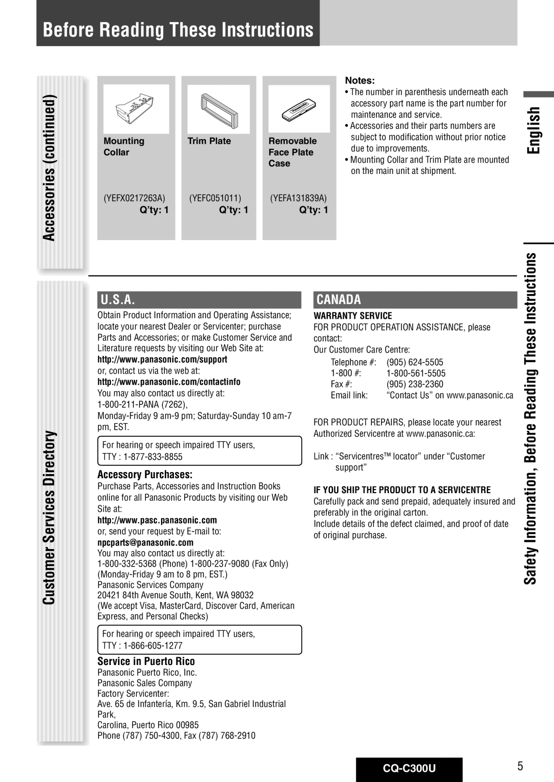 Panasonic CQ-C300U warranty Before Reading These Instructions, Customer Services Directory, Accessory Purchases 