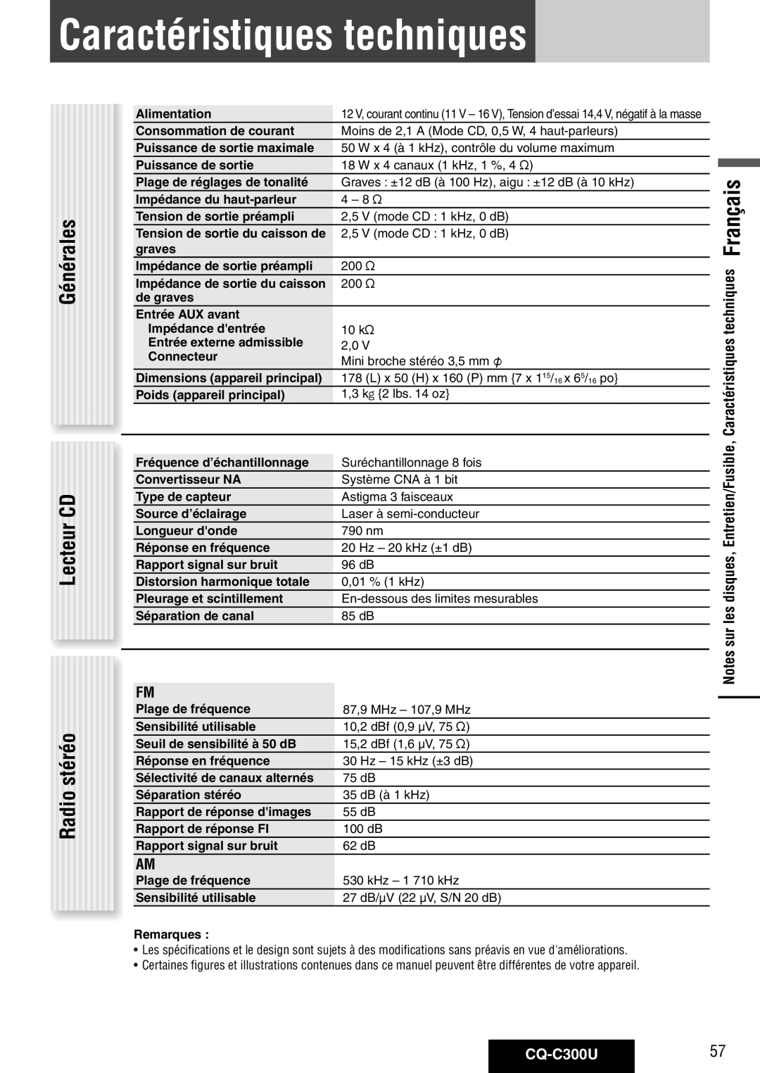 Panasonic warranty Caractéristiques techniques, Générales Lecteur CD Radio stéréo, CQ-C300U57 