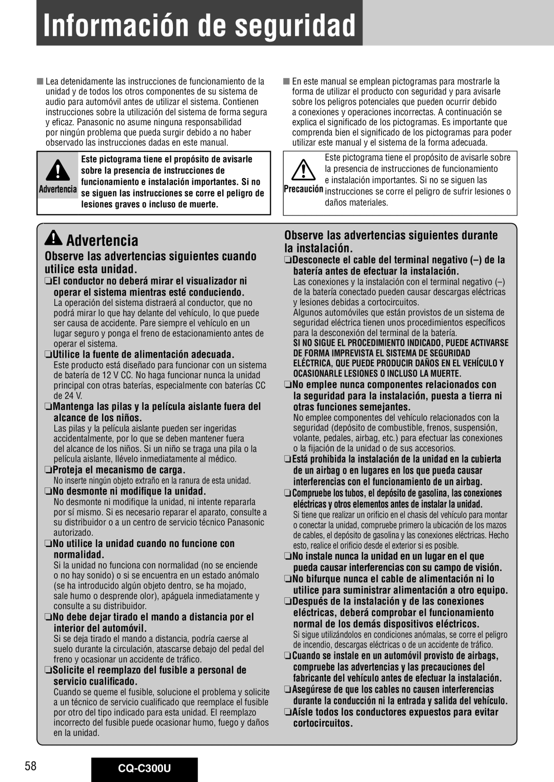 Panasonic warranty Información de seguridad, Advertencia, 58CQ-C300U 