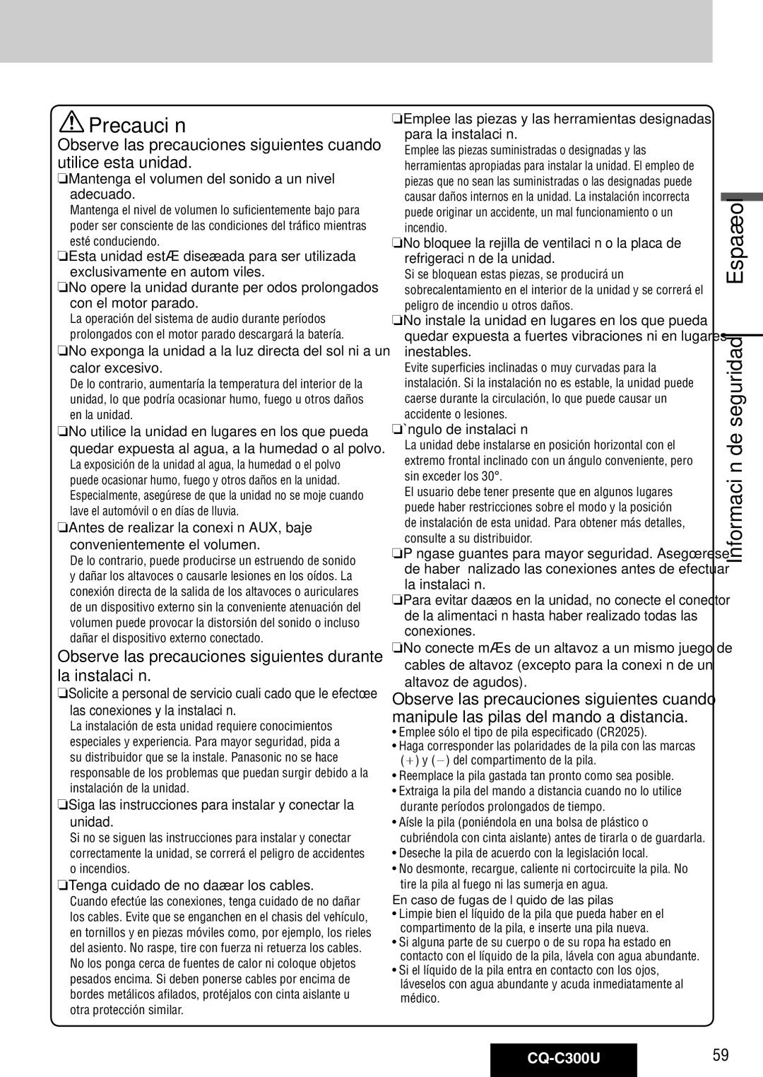 Panasonic warranty Precaución, Información de seguridad, CQ-C300U59 