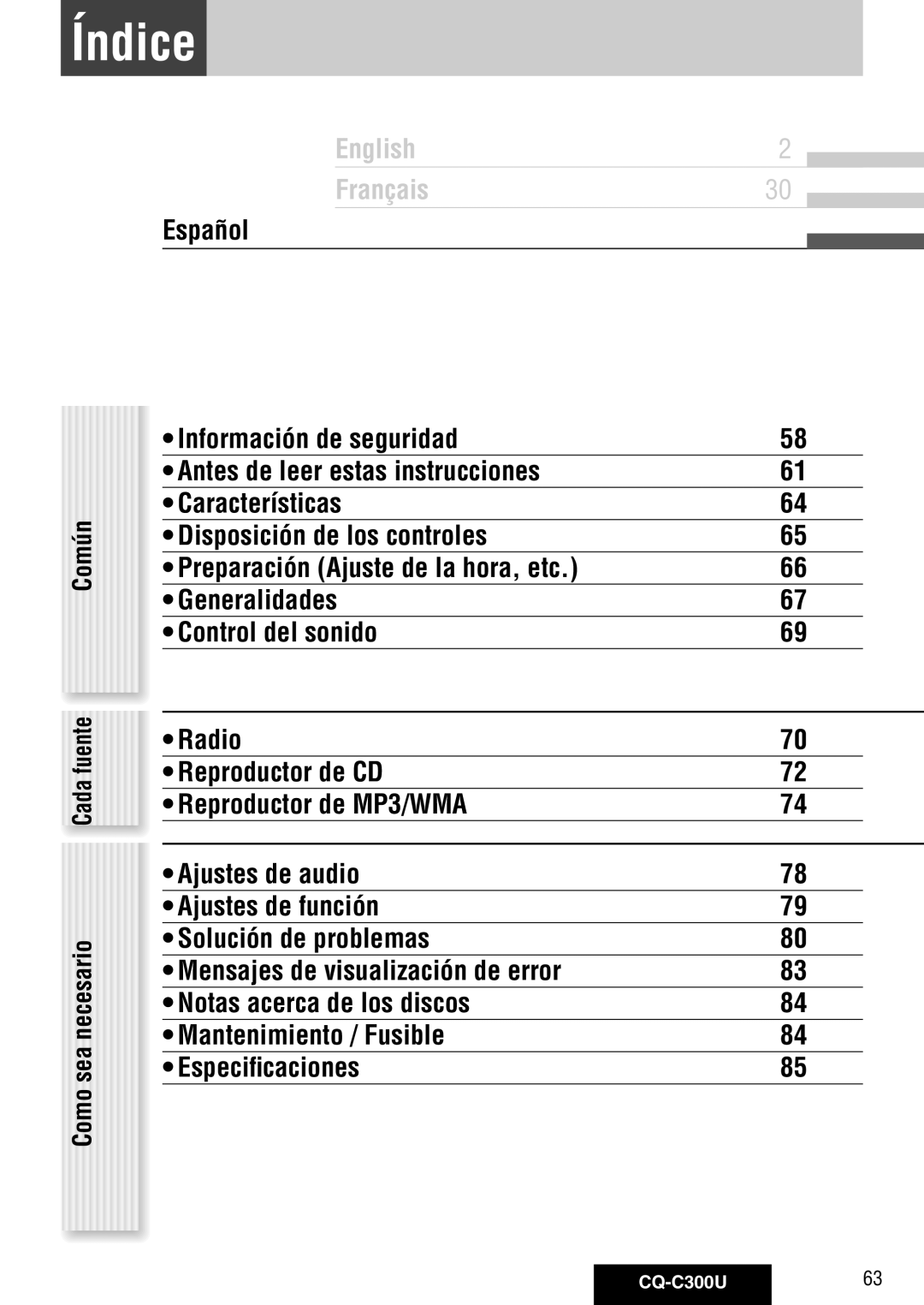 Panasonic CQ-C300U warranty Índice, Común, Sea 