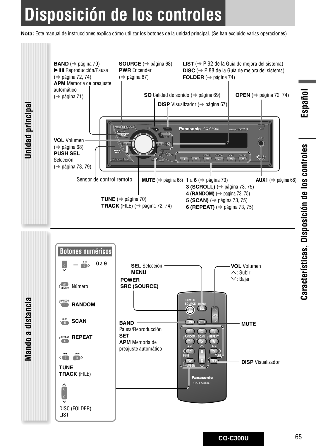 Panasonic CQ-C300U warranty Disposición de los controles, Unidad principal Mando a distancia, Controles, Los 