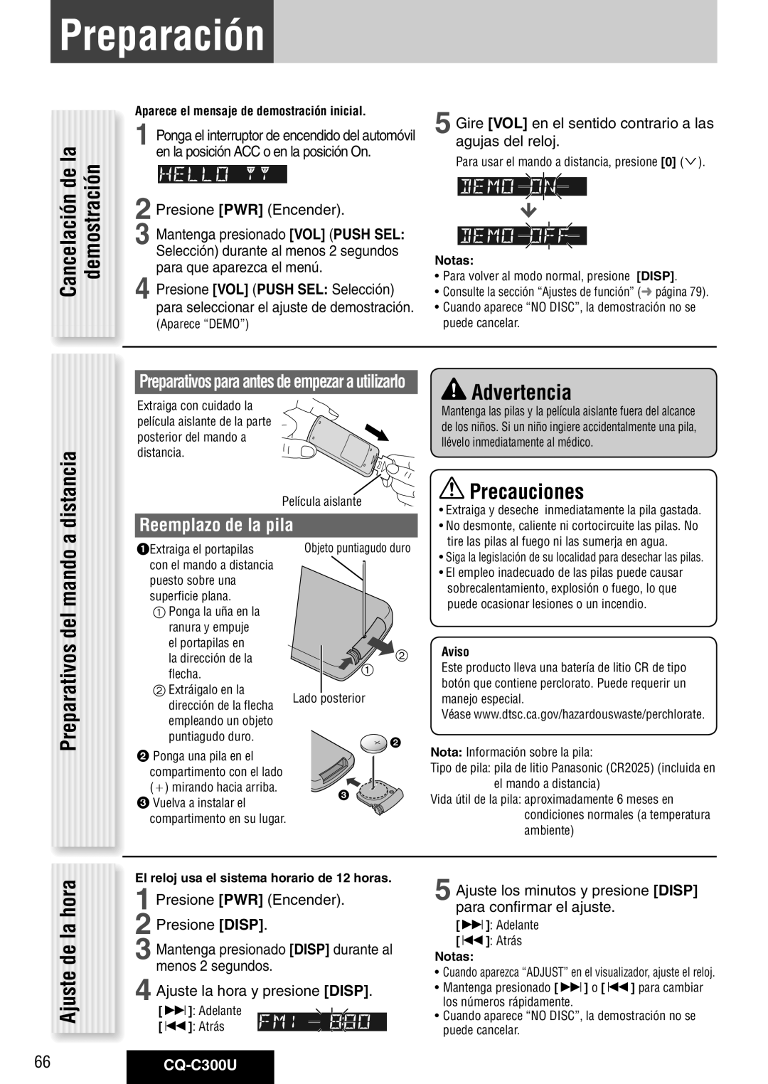 Panasonic CQ-C300U warranty Preparación, Precauciones, Cancelación de la demostración, Reemplazo de la pila 