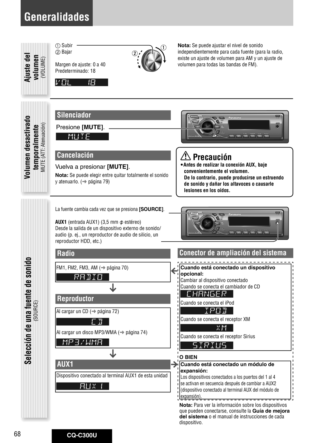 Panasonic CQ-C300U warranty Generalidades, Silenciador, Cancelación, Reproductor, Conector de ampliación del sistema 