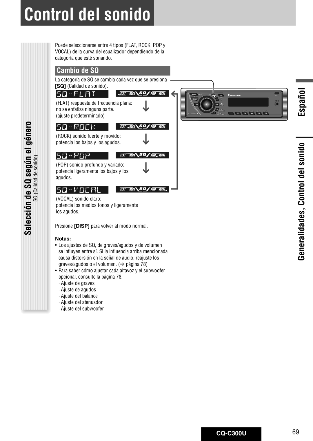 Panasonic warranty Generalidades, Control del sonido, Cambio de SQ, Género, CQ-C300U69 