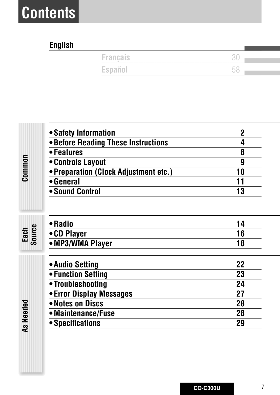 Panasonic CQ-C300U warranty Contents 