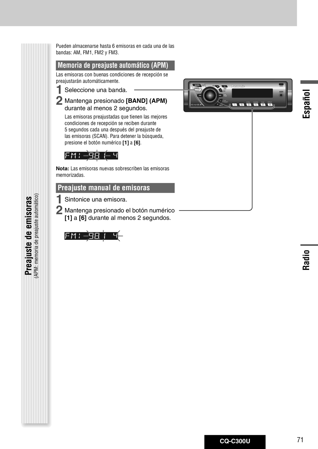 Panasonic CQ-C300U Preajuste de emisoras, Memoria de preajuste automático APM, Preajuste manual de emisoras, Español 