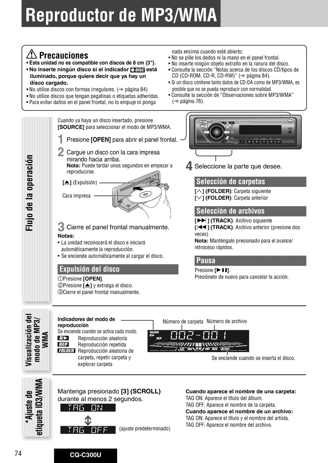 Panasonic CQ-C300U warranty Reproductor de MP3/WMA, Operación, Flujo, Selección de carpetas, Selección de archivos 