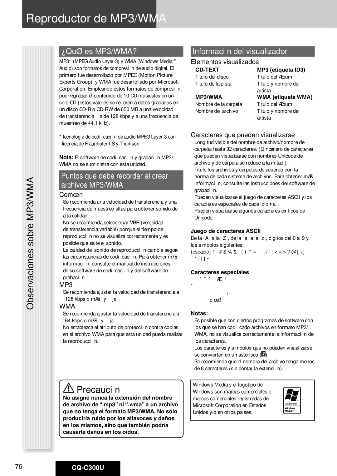 Panasonic CQ-C300U Reproductor de MP3/WMA, Observaciones sobre MP3/WMA, ¿Qué es MP3/WMA?, Información del visualizador 