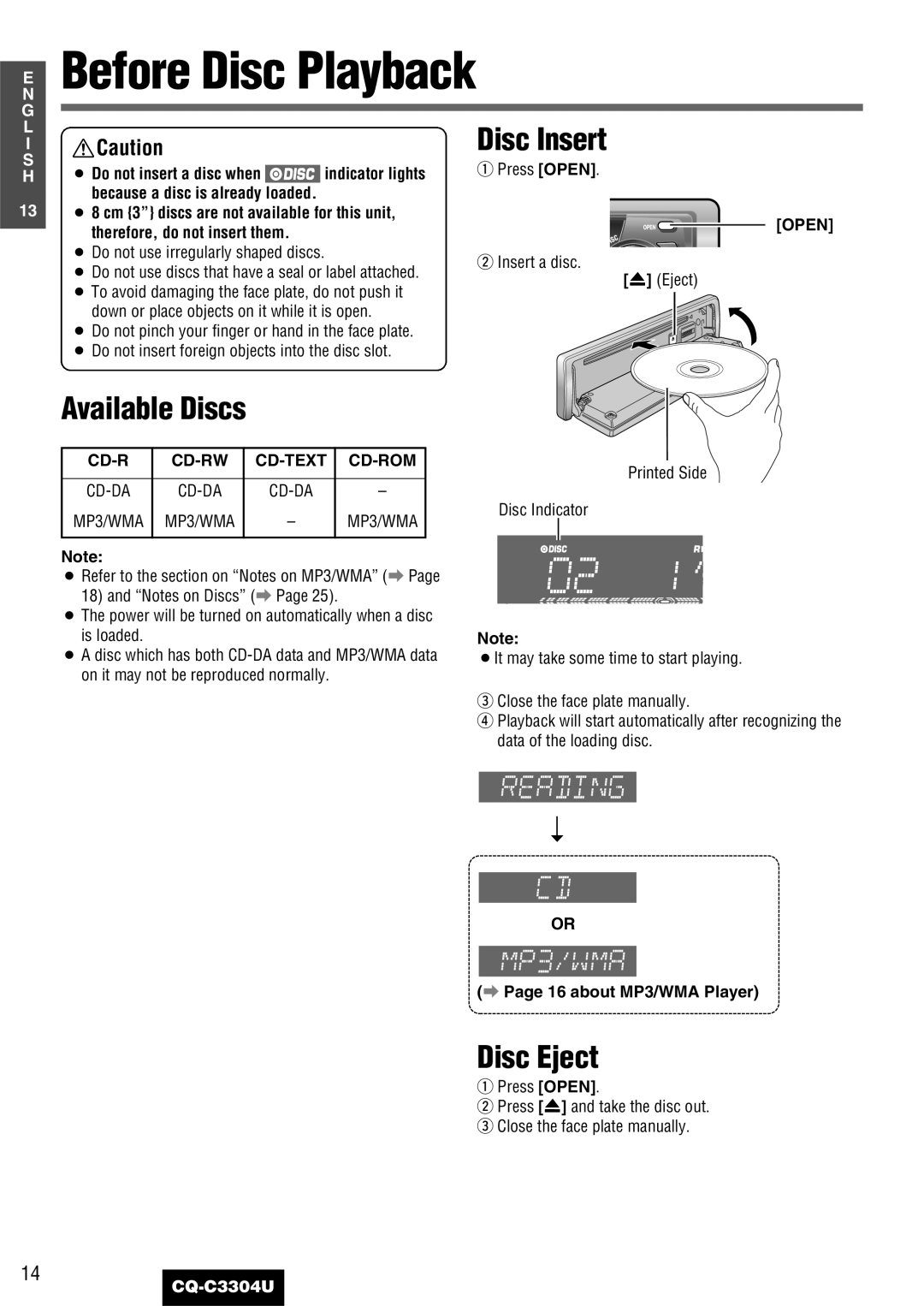 Panasonic CQ-C3304U Before Disc Playback, Available Discs, Disc Eject, Indicator lights Press Open, about MP3/WMA Player 