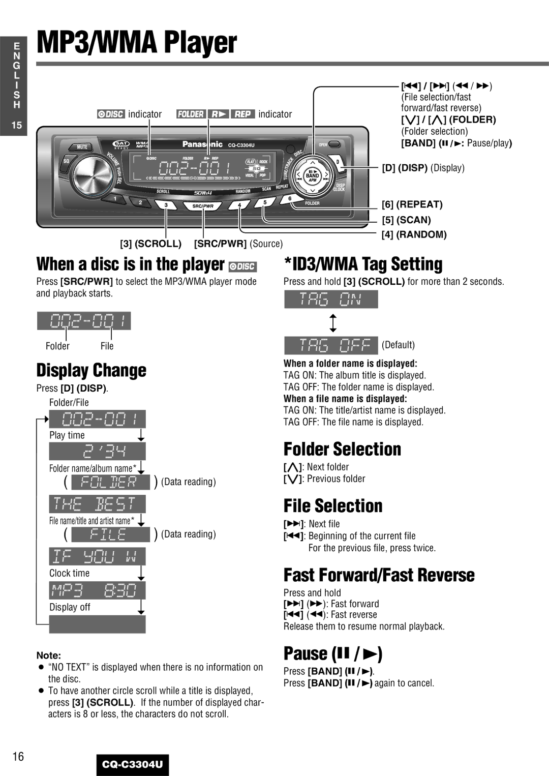 Panasonic CQ-C3304U warranty MP3/WMA Player, ID3/WMA Tag Setting, Folder Selection, File Selection 