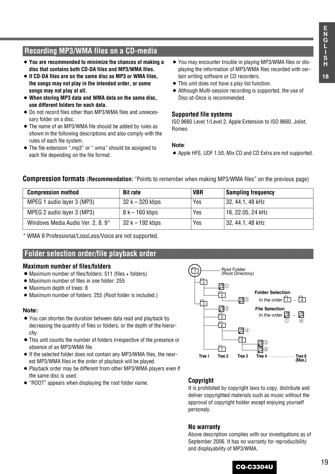 Panasonic CQ-C3304U Supported file systems, Maximum number of files/folders, Copyright, No warranty 