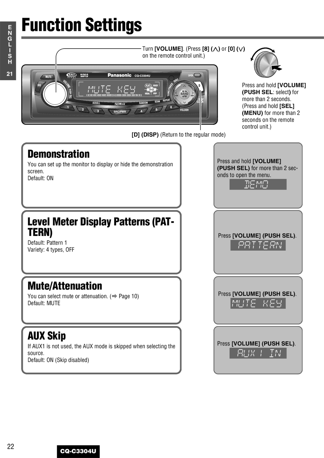 Panasonic CQ-C3304U warranty Function Settings, Demonstration, Level Meter Display Patterns PAT- Tern, AUX Skip 