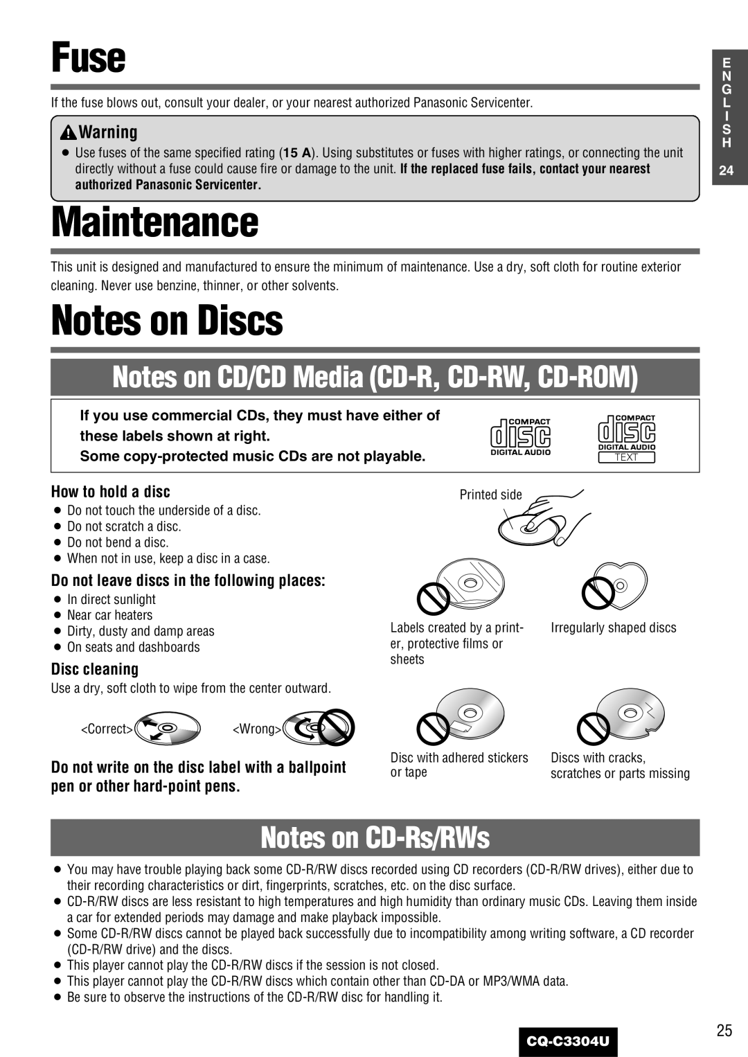 Panasonic CQ-C3304U Fuse, Maintenance, How to hold a disc, Do not leave discs in the following places, Disc cleaning 