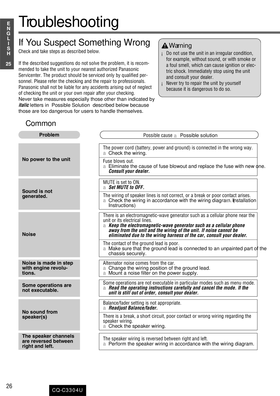 Panasonic CQ-C3304U warranty Troubleshooting 