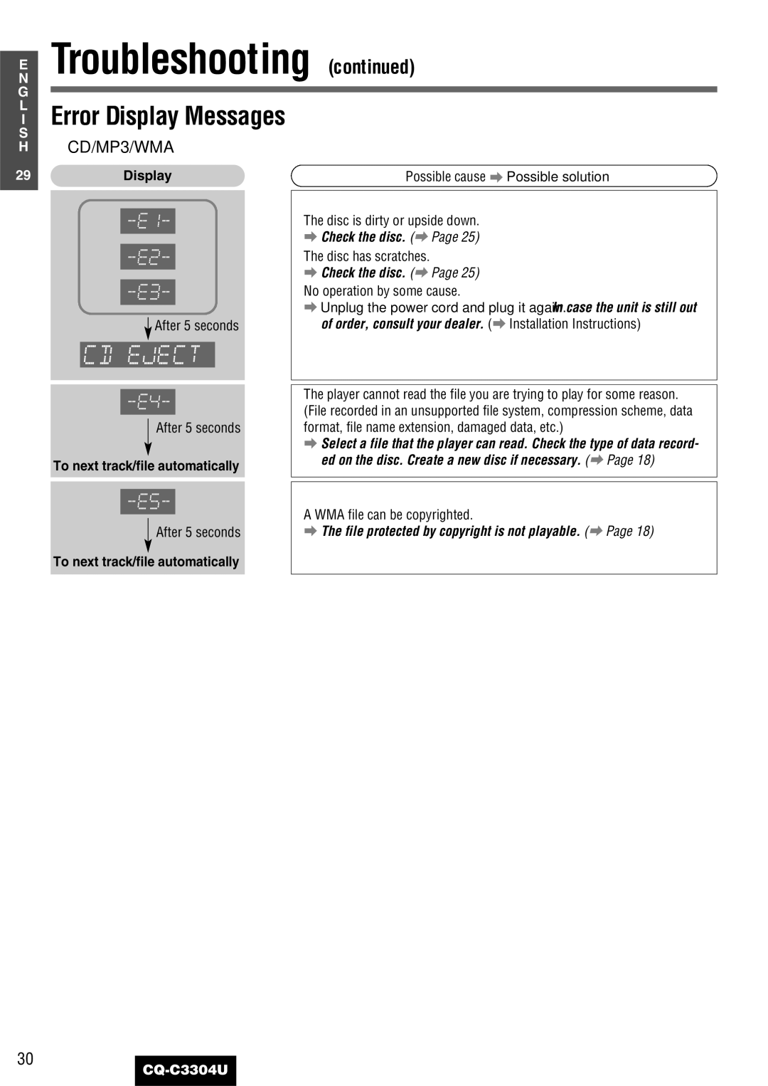 Panasonic CQ-C3304U warranty NE Troubleshooting, Error Display Messages, To next track/file automatically 