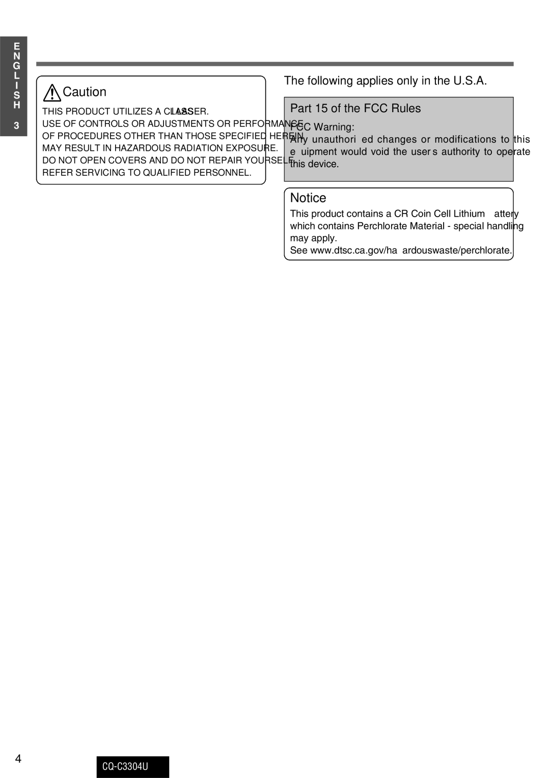 Panasonic CQ-C3304U warranty Following applies only in the U.S.A Part 15 of the FCC Rules, FCC Warning 