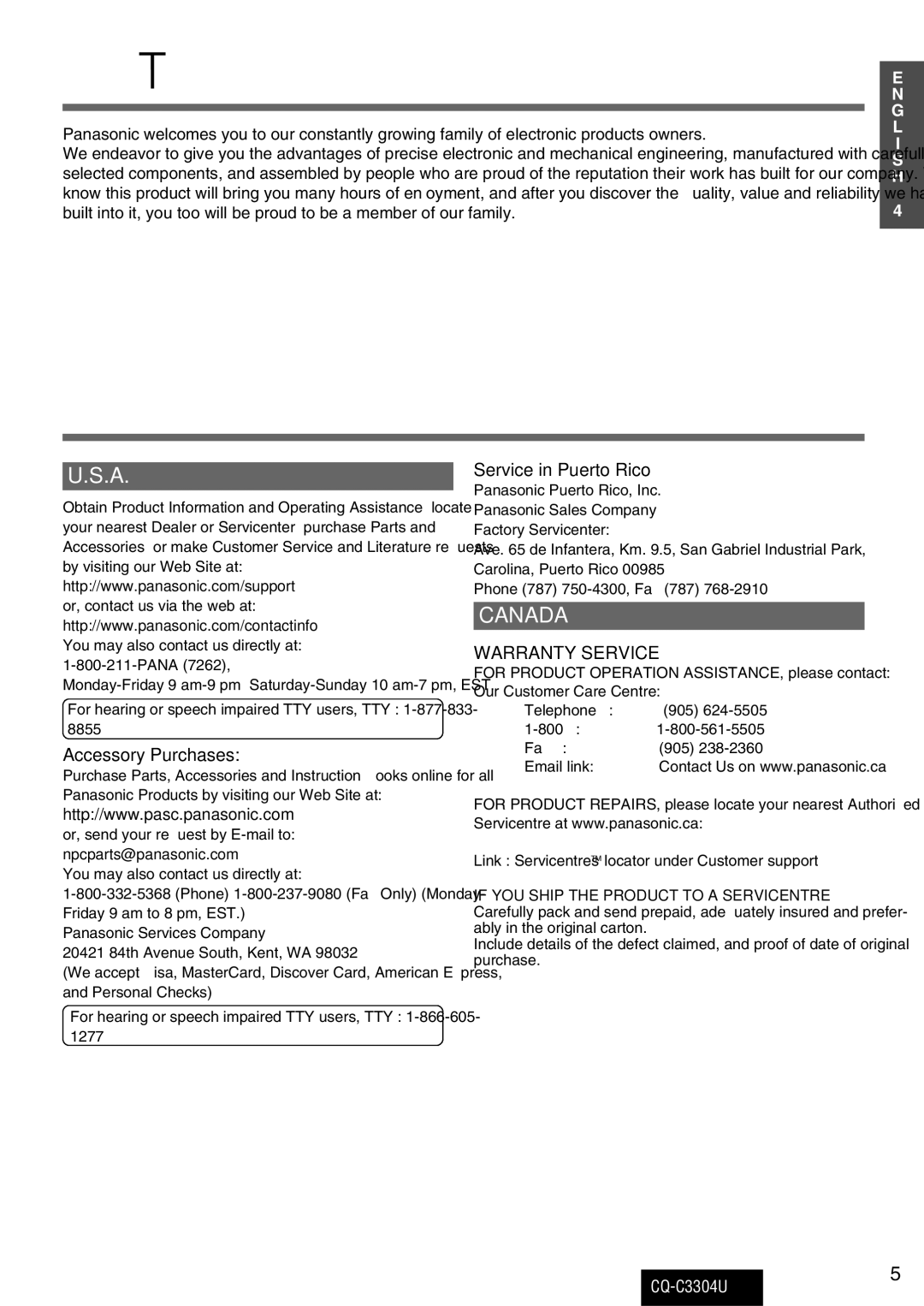 Panasonic CQ-C3304U warranty Before Reading These Instructions, Customer Services Directory, Accessory Purchases 