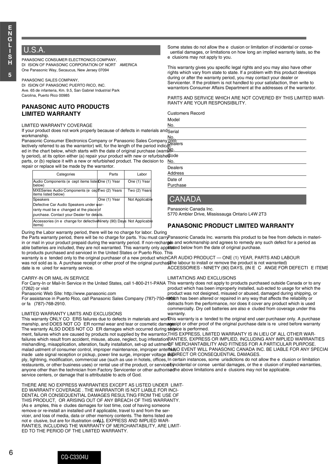 Panasonic CQ-C3304U warranty Panasonic Auto Products Limited Warranty 