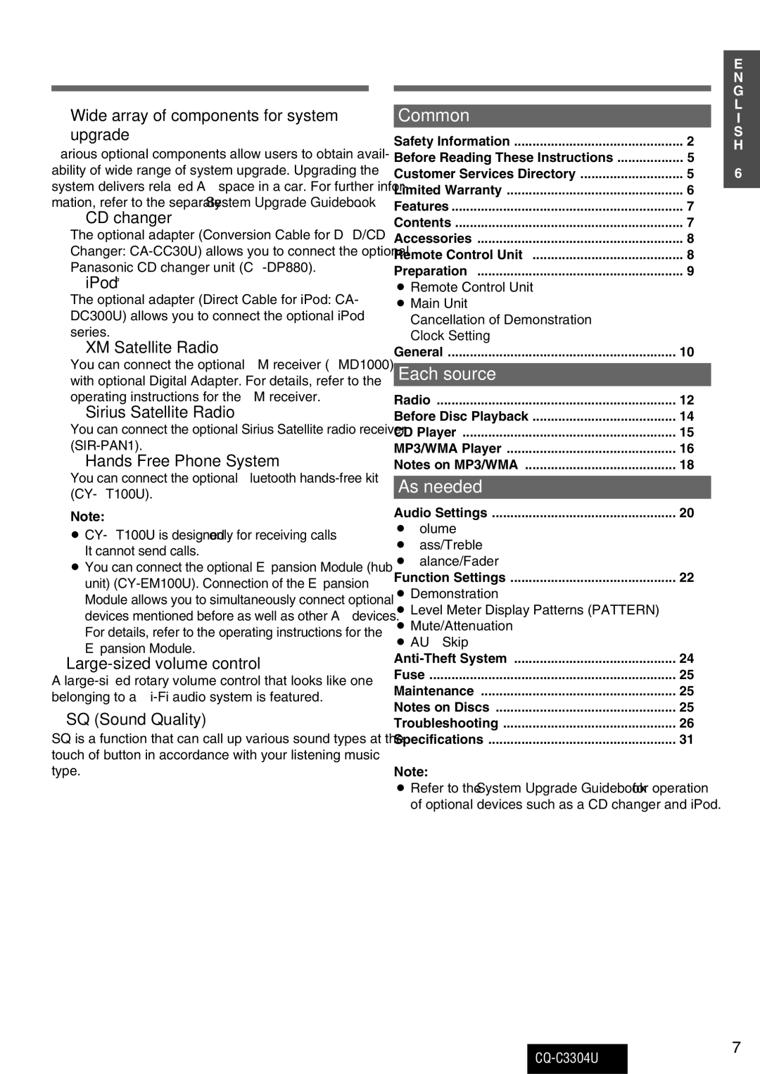 Panasonic CQ-C3304U warranty FeaturesContents 