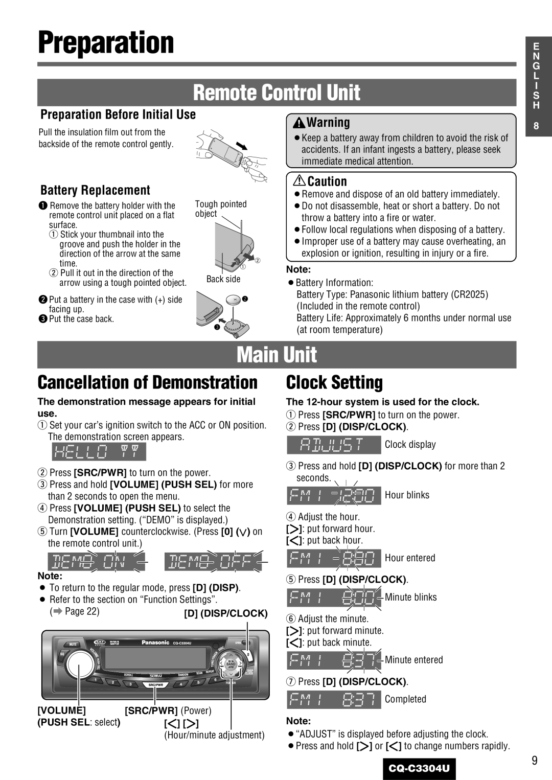 Panasonic CQ-C3304U warranty Preparation, Clock Setting 