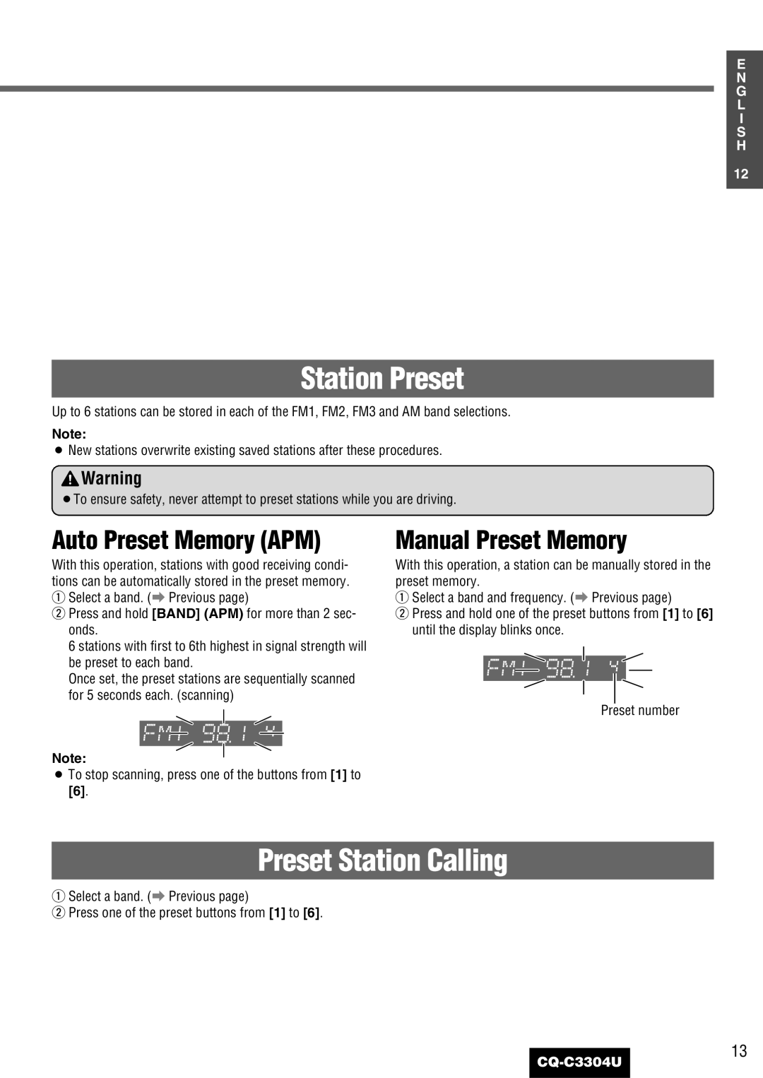 Panasonic CQ-C3304U warranty Station Preset, Preset Station Calling, Auto Preset Memory APM, Manual Preset Memory 
