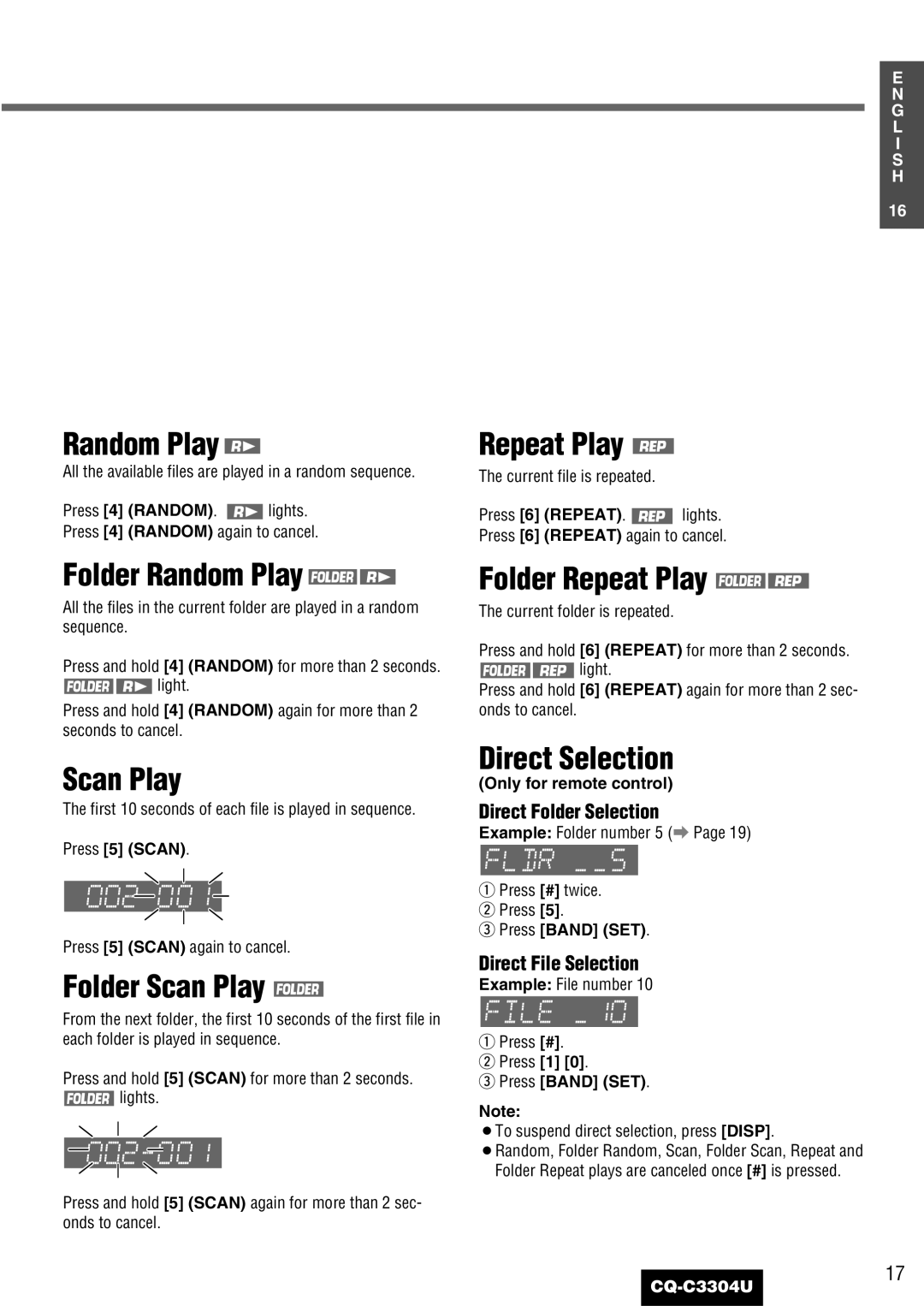 Panasonic CQ-C3304U Folder Random Play, Folder Scan Play, Folder Repeat Play, Direct Selection, Direct Folder Selection 