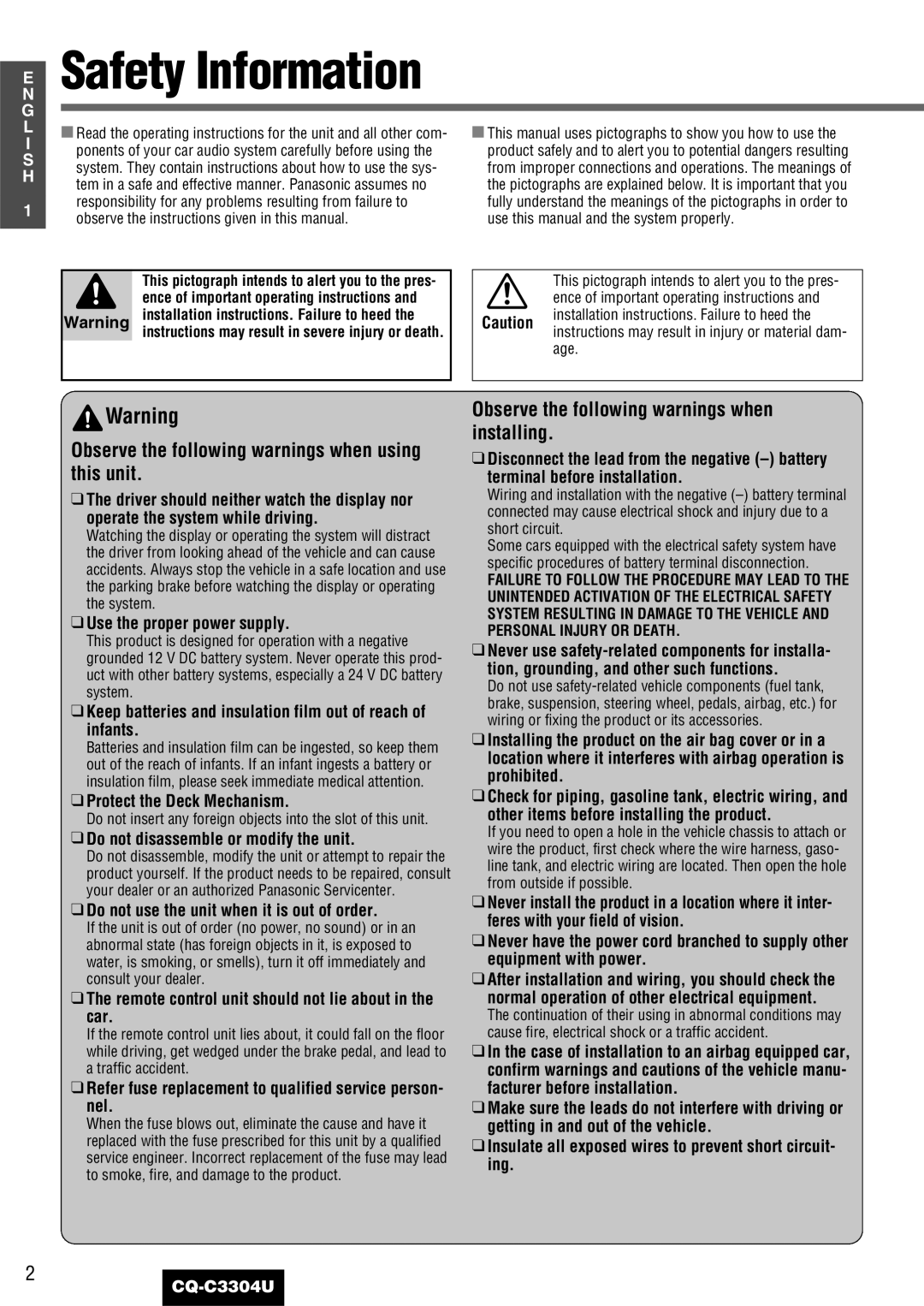 Panasonic CQ-C3304U warranty Safety Information, Observe the following warnings when installing 