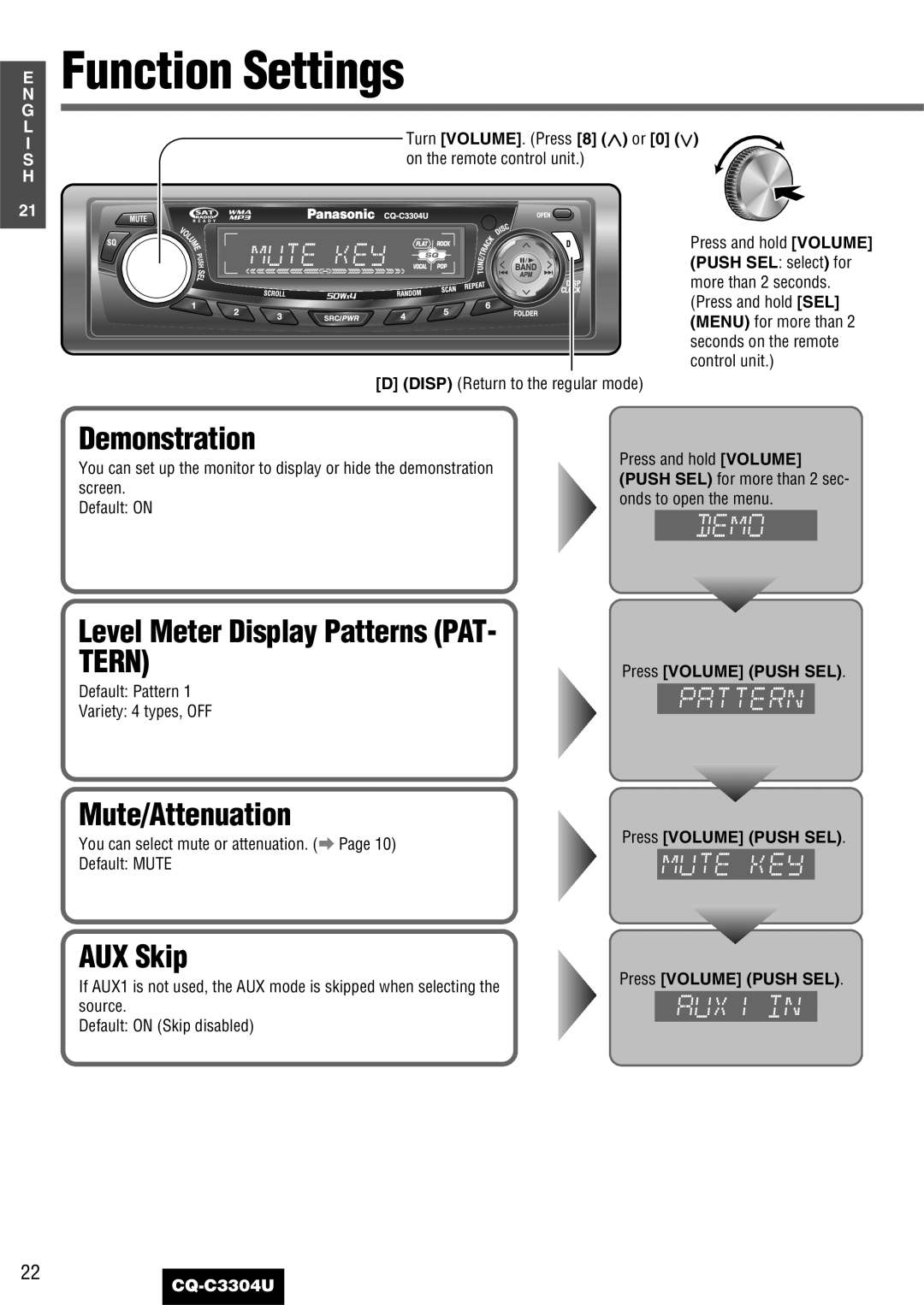 Panasonic CQ-C3304U Function Settings, Demonstration, Level Meter Display Patterns PAT- TERN, AUX Skip, Mute/Attenuation 