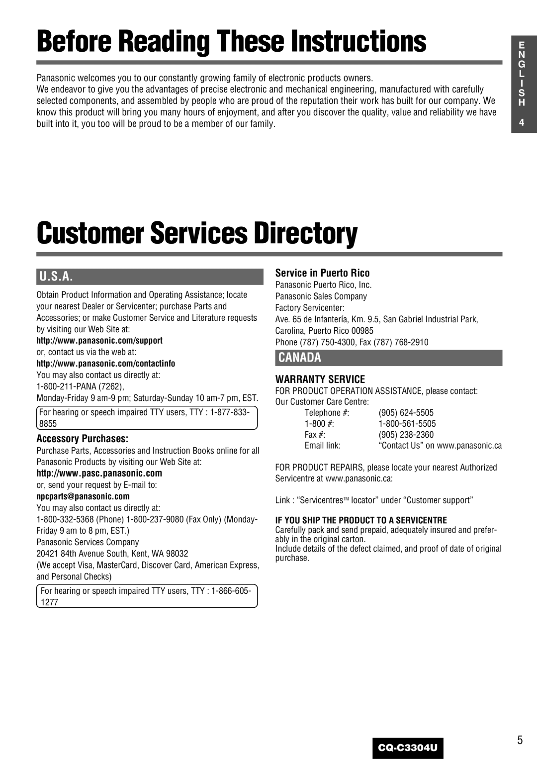 Panasonic CQ-C3304U warranty Before Reading These Instructions, Customer Services Directory, U.S.A, Canada 