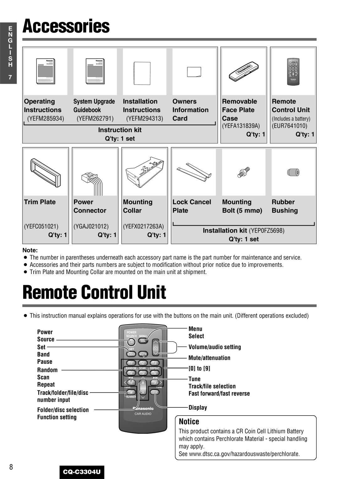 Panasonic CQ-C3304U warranty Accessories, Remote Control Unit, Qty 