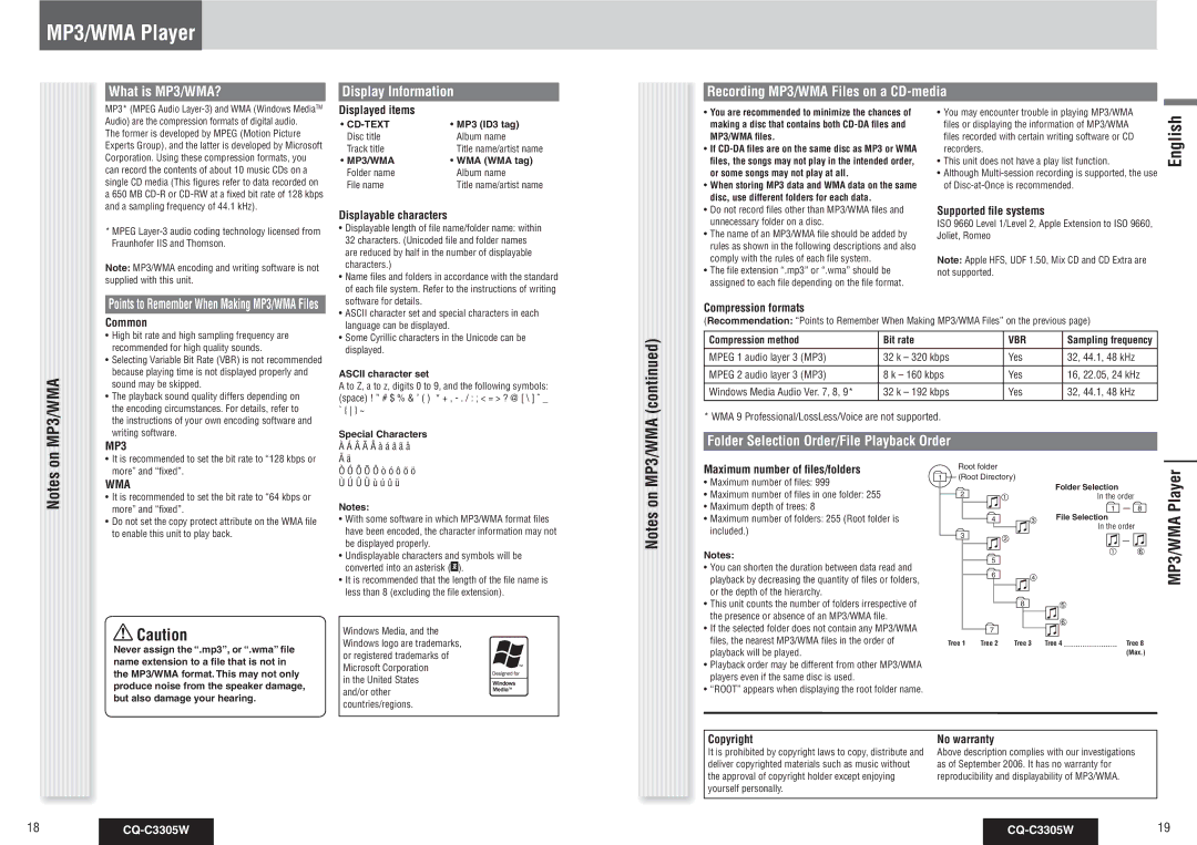 Panasonic CQ-C3305W operating instructions MP3/WMA Player, Folder Selection Order/File Playback Order 