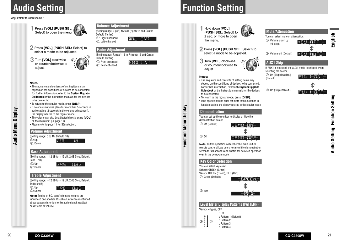 Panasonic CQ-C3305W operating instructions Function Menu Display, Audio Setting, Function Setting 