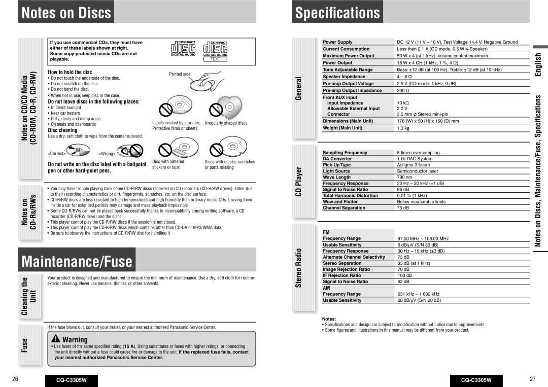 Panasonic CQ-C3305W operating instructions Speciﬁcations, Maintenance/Fuse 