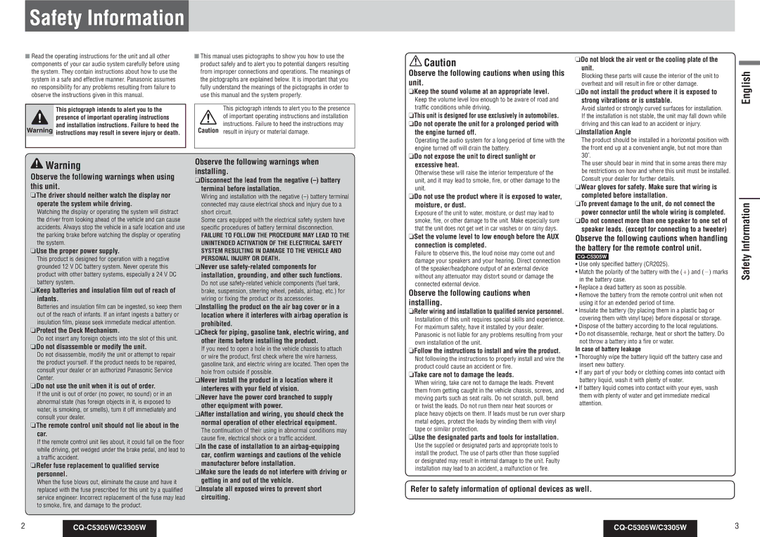 Panasonic CQ-C3305W operating instructions Observe the following cautions when installing, Circuiting 